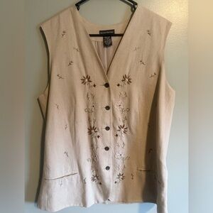Banana Republic Vintage Beige Linen floral embroidered button up Vest size 14